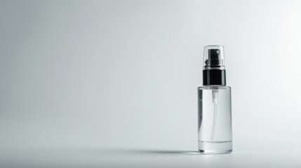 Clear spray bottle filled with liquid on white surface with space for your message