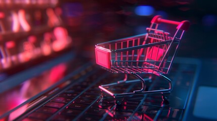 Online Shopping E-Commerce Concept: Cashier and Cart on Laptop Keyboard
