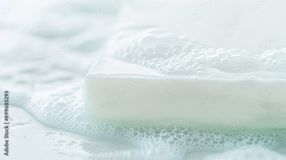 Poster close-up view of a white soap bar covered in bubbles creating a lather for cleanliness and hygiene o
