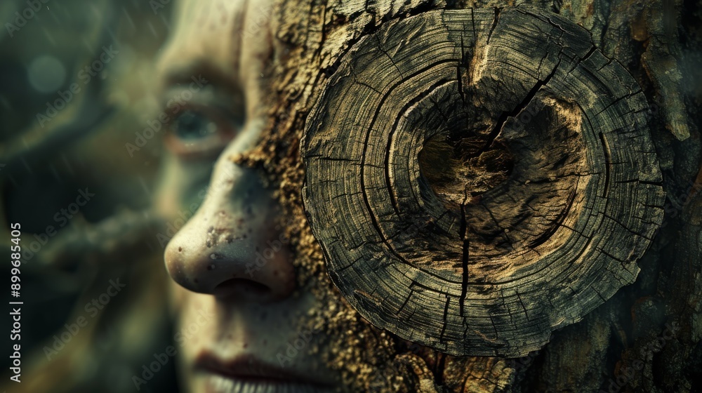 Poster a dramatic close-up image of a human face partially merging with tree bark, symbolizing the connecti