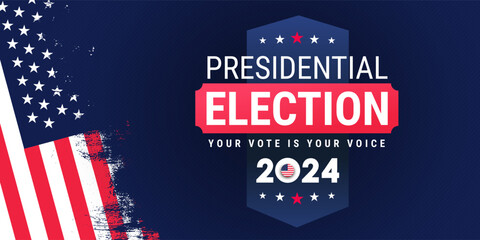 Election voting poster. Presidential election 2024 design template with USA flag. Vote in USA American colors flag banner design. President voting 2024. Political election 2024 campaign background.