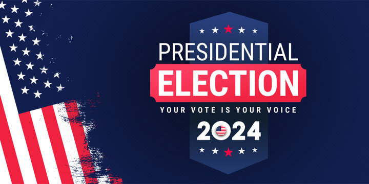 Election voting poster. Presidential election 2024 design template with USA flag. Vote in USA American colors flag banner design. President voting 2024. Political election 2024 campaign background.