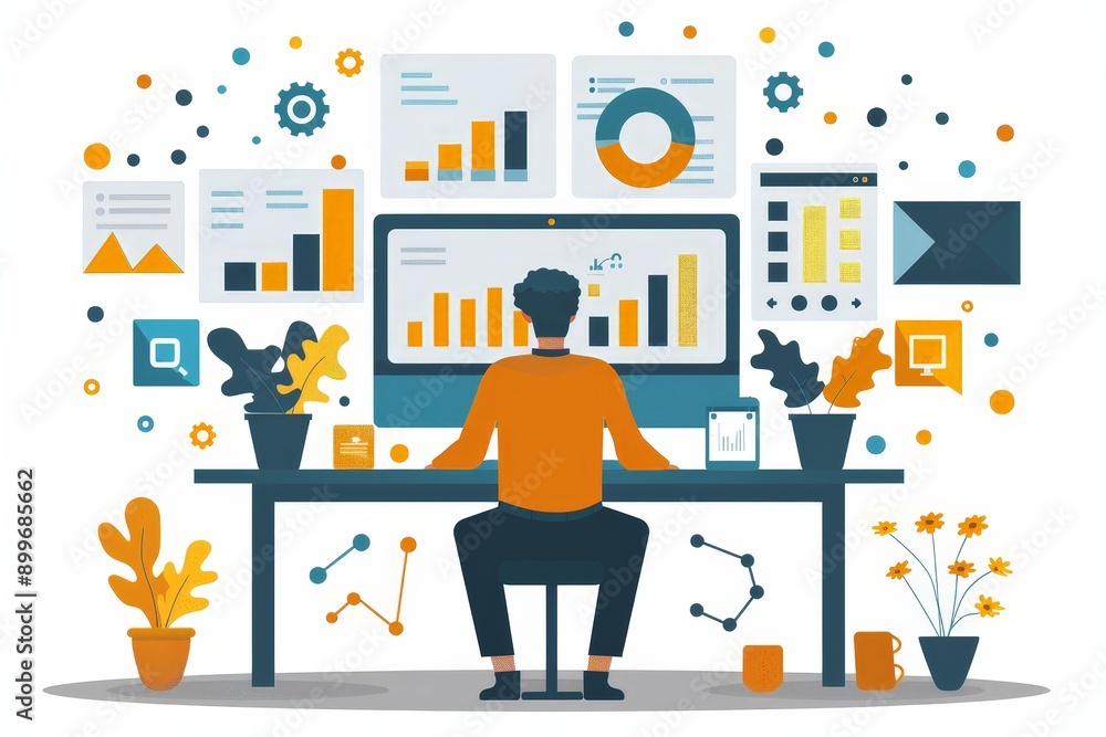 Poster modern business professional analyzing data on computer with marketing and communication icons