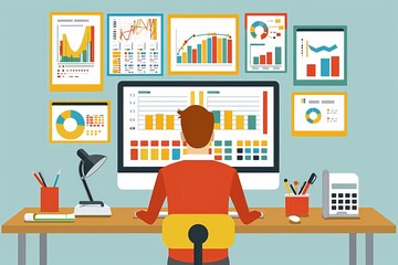 Fototapeta premium Business Professional Analyzing Data with Marketing and Communication Icons on Computer Screen