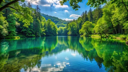 Obraz premium Serene lake nestled in a green forest , nature, water, trees, peaceful, tranquil, reflection, scenery, landscape, wilderness
