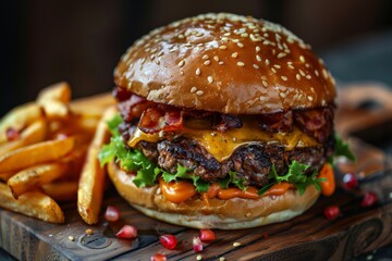Classic bacon cheeseburger with fries on a wooden board.