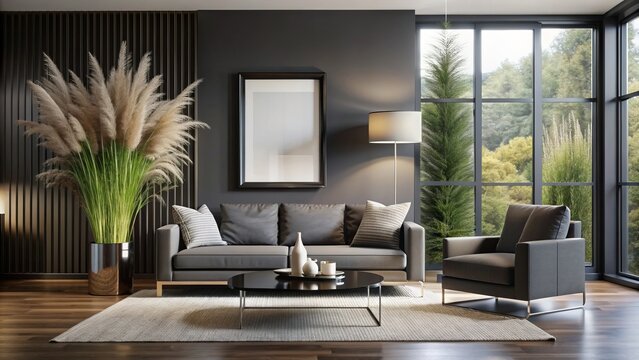 Elegant, modern living room with ornamental grass, black shades, and an empty, sleek, silver poster frame awaiting artwork.