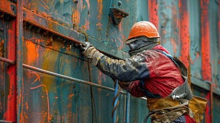 A worker applying a protective coating to a metal structure, preventing corrosion