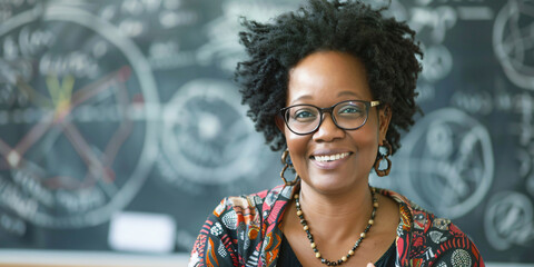 A smiling African American woman in front of a blackboard filled with writing, likely a teacher or professor in a classroom setting