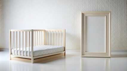 _empty frame and baby mattress box on a pristine, white, seamless background, devoid of any human presence, awaits life's beginnings._