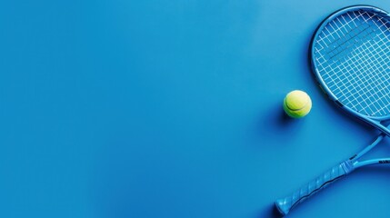 Tennis Racket and Ball on Blue Background
