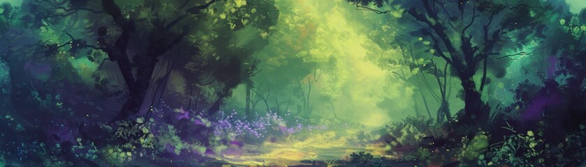 Fototapeta premium Enchanted Dreamland - Fantasy Forest in Vibrant Greens and Purples, Digital Painting of Mystical Landscape with Magical Atmosphere