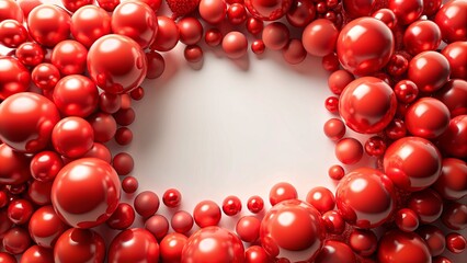 Vibrant red balloons and spheres ornately fill an elaborate empty frame, surrounded by subtle shadows, against a pristine white background.