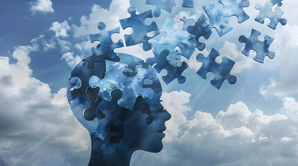 a blue silhouette of a head is shown with several puzzle pieces fitting together inside it. The missing pieces floating above the head symbolize the ongoing process of building knowledge and understan