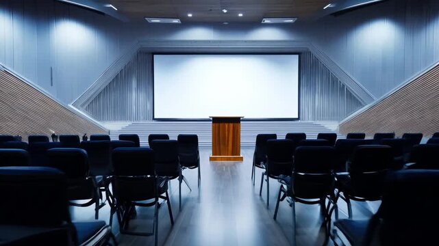 An empty auditorium with rows of black chairs facing a projector screen and a wooden podium.