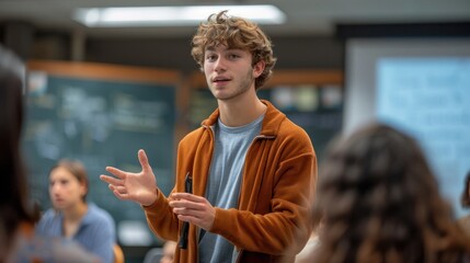 A student presenting their research project to classmates, highlighting public speaking and academic achievement