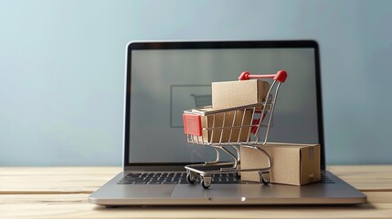 E-Commerce: Shopping Cart on Laptop Keyboard Illustrates Online Shopping