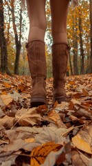 Woman wearing brown boots walking on fallen leaves in a forest on a sunny autumn day.