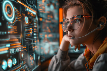 Portrait of a young woman programmer at a computer, with code screens and a high-tech interior, perhaps with futuristic design elements.
