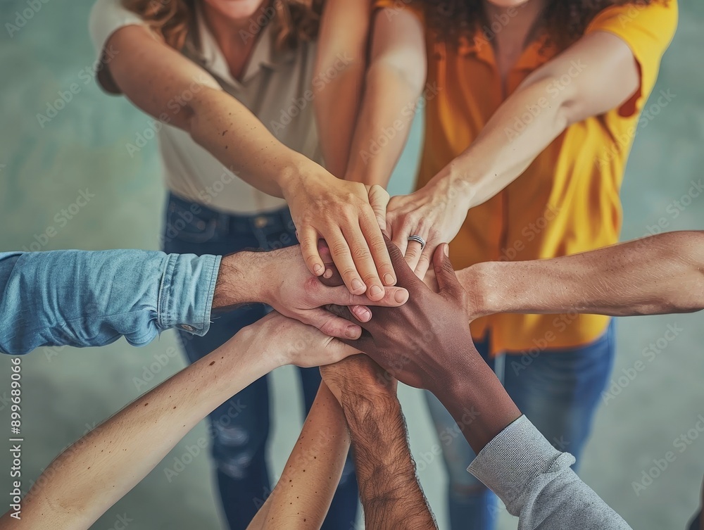 Poster unity in versatility: diverse colleagues embracing friendship and teamwork