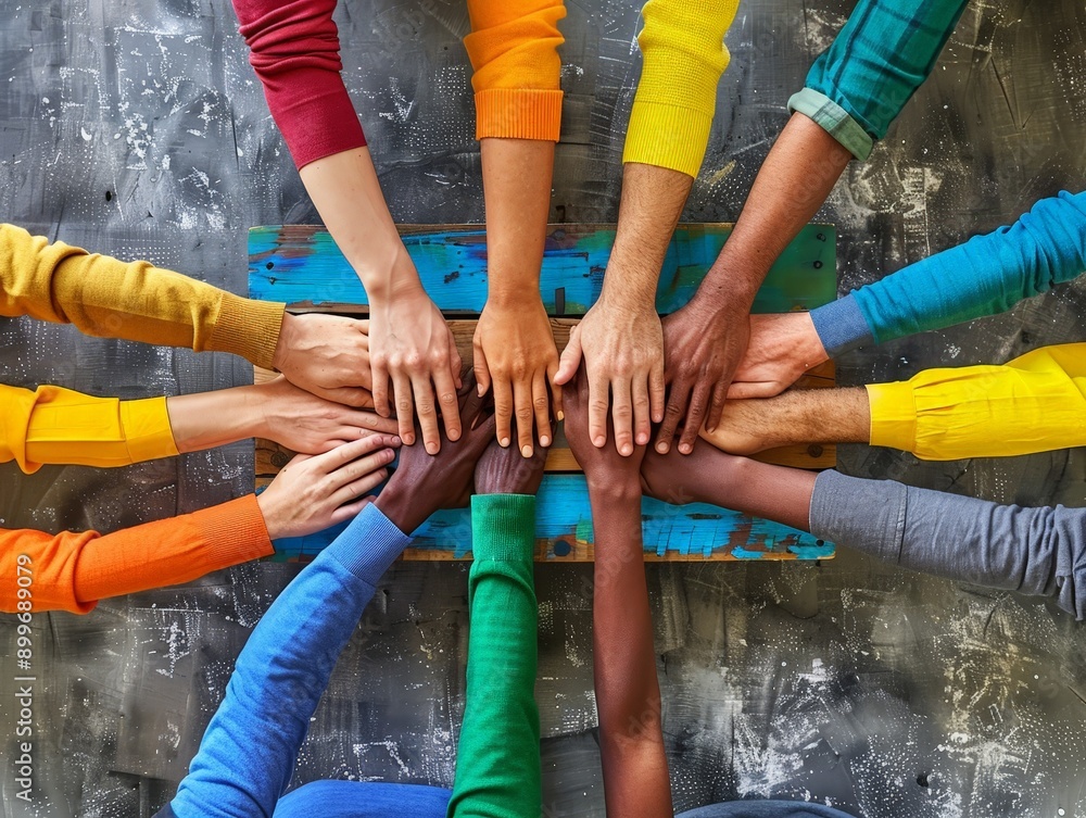 Poster unity in diversity: colleagues collaborating on project, embracing friendship and teamwork
