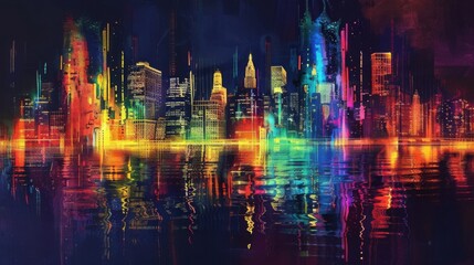 Fototapeta premium Futuristic Neon Abstract Skyline in Urban Setting - Vibrant Digital Art Piece