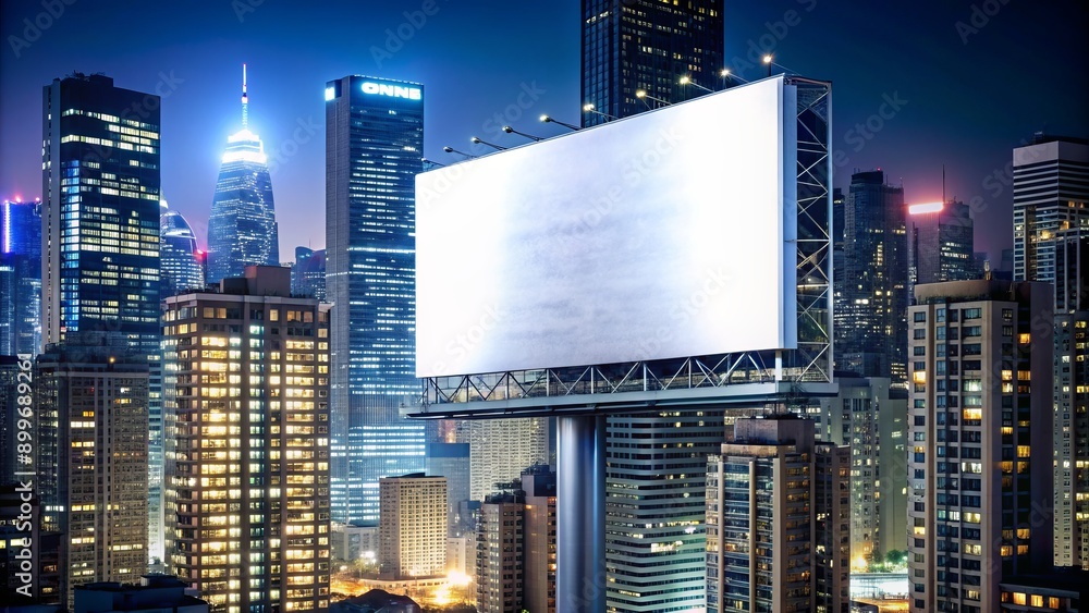 Wall mural illuminated giant white billboard stands tall amidst dark urban skyscrapers, vibrant city lights ref