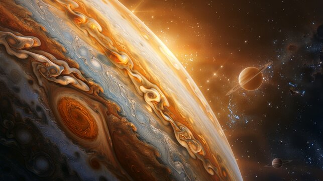Jupiter, highlighting its Great Red Spot and the swirling bands of clouds and storms