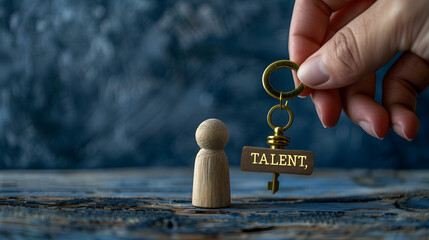 a wooden figurine with a keyhole, A hand holds a golden key labeled "TALENT," poised to unlock the figure's abilities