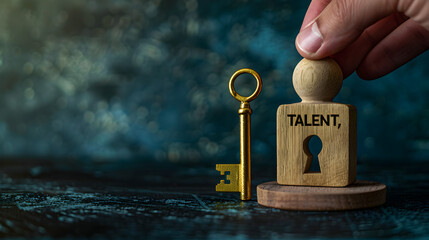 a wooden figurine with a keyhole, A hand holds a golden key labeled "TALENT," poised to unlock the figure's abilities