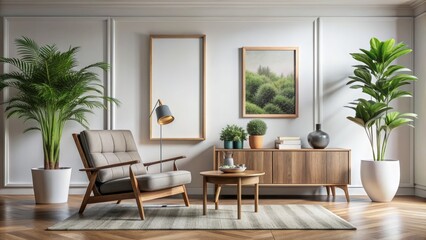 Modern lavish living room design featuring empty frame on white wall, sleek lounge chair, wooden cabinet, and ornate potted plant decoration.