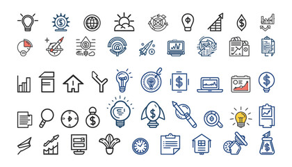 Startup pivoting icon collection set.Containing innovation, adaptability, iterate, disruption, Startups, Innovation, Planning, Funding, Customers, Market ,bifurcation, agile icon.Simple line vector.