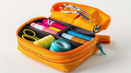 Open sewing kit containing many colorful spools of thread, scissors, and other sewing accessories