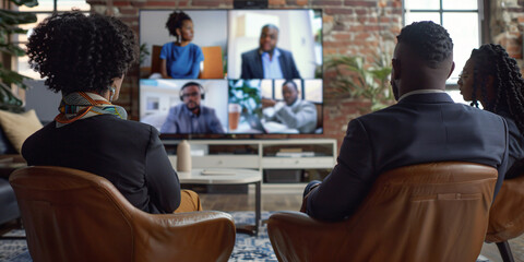 Three african people participate in a video conference in a modern office setting.
