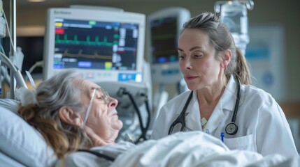 A nurse monitoring a patient's vital signs on advanced medical equipment, ensuring patient safety