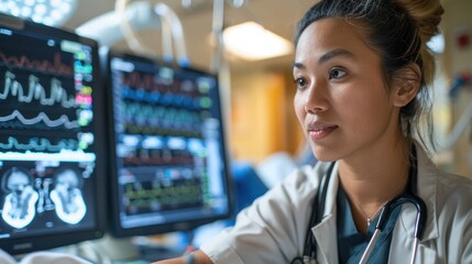 A nurse monitoring a patient's vital signs on advanced medical equipment, ensuring patient safety