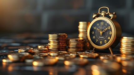 Stopwatch surrounded by stacks of coins, illustrating quick financial gains, time management, rapid wealth accumulation