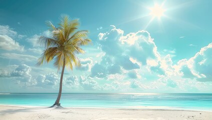 Fototapeta premium Sunny Paradise with Palm Tree and Blue Sky