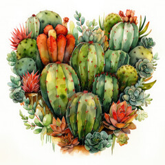 Watercolor Cactus Heart, clipart Illustration, Generative Ai