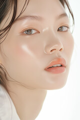 Obraz premium Portrait of a Young Woman with Clear Skin and Elegant Makeup, Featuring Natural and Subtle Beauty