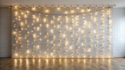 A pristine white wall adorned with twinkling string lights serves as a backdrop for a blank canvas standing upright.