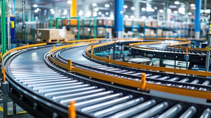An automated conveyor belt system transporting goods, demonstrating streamlined logistics in manufacturing