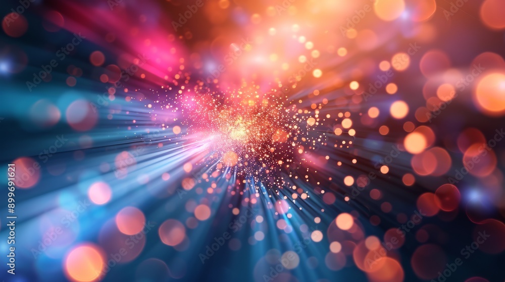 Poster a vibrant abstract image showcasing a burst of colorful lights with bokeh effects, creating a sense 