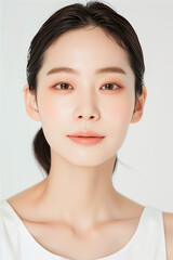 Portrait of a Young Woman with Clear Skin and Elegant Makeup, Featuring Natural and Subtle Beauty