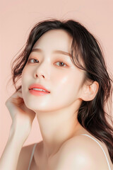 Fototapeta premium Portrait of a Young Woman with Clear Skin and Elegant Makeup, Featuring Natural and Subtle Beauty