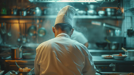 Fototapeta premium stressed-chef-preparing-dishes-from-behind-with-chef-hat-and-uniform-captured-with-Canon-EOS-R6-50mm-lens-golden-ratio-composition