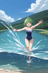 anime girl with short green hair, wearing a swimwear, splashing water in a lake with friends