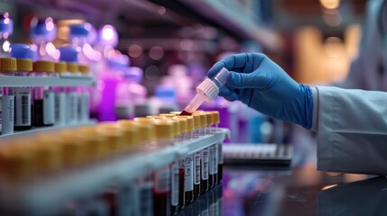 A lab technician preparing a blood sample for testing, focusing on accuracy and precision