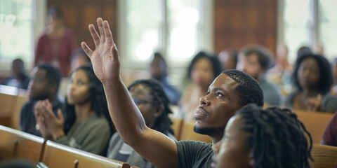 A young african man raises his hand in a classroom lecture, showcasing engagement and eagerness to learn.