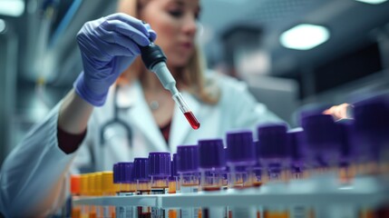 A lab technician preparing a blood sample for testing, focusing on accuracy and precision